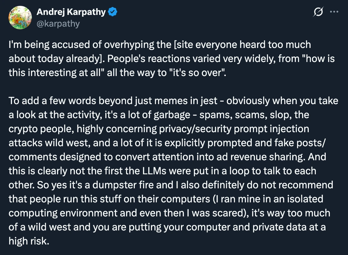 Andrej Karpathy&rsquo;nin OpenClaw hakkındaki güvenlik uyarısı