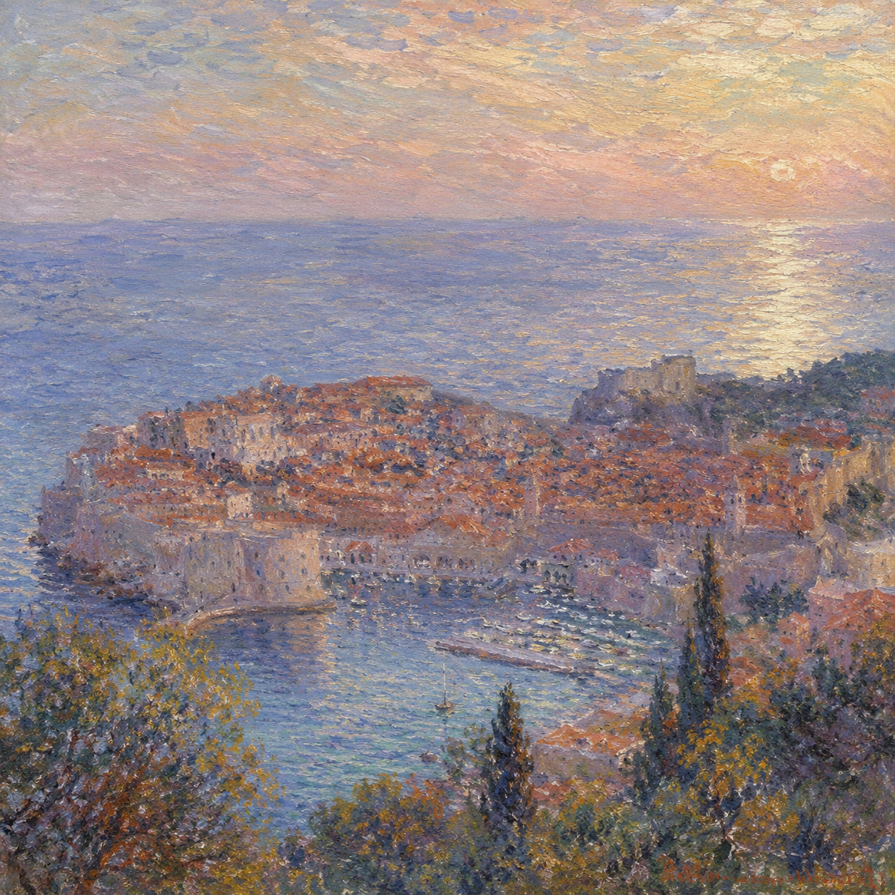 GPT Image 2'nin ürettiği, deniz kıyısındaki Dubrovnik'i gösteren daha dokulu ve pastel yağlı boya tarzı görsel